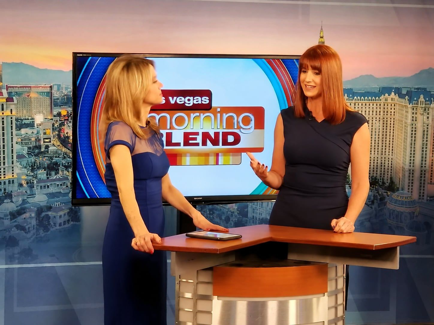 Suzanne Hobbs being interviewed by a presenter on the Las Vegas Morning Blend television set.