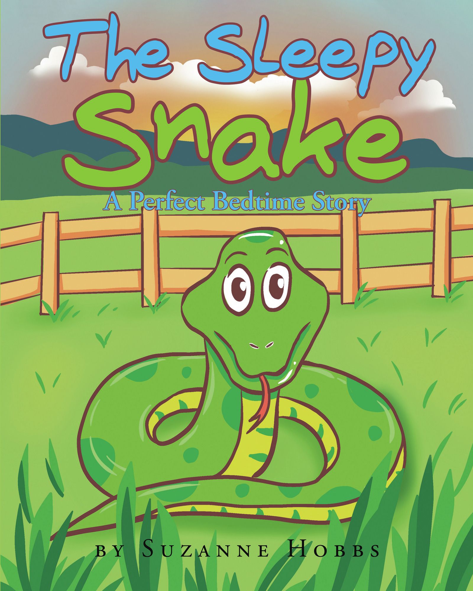 The cover of The Sleepy Snake, showing a smiling green snake coiled in the grass in front of a wooden fence at sunset.